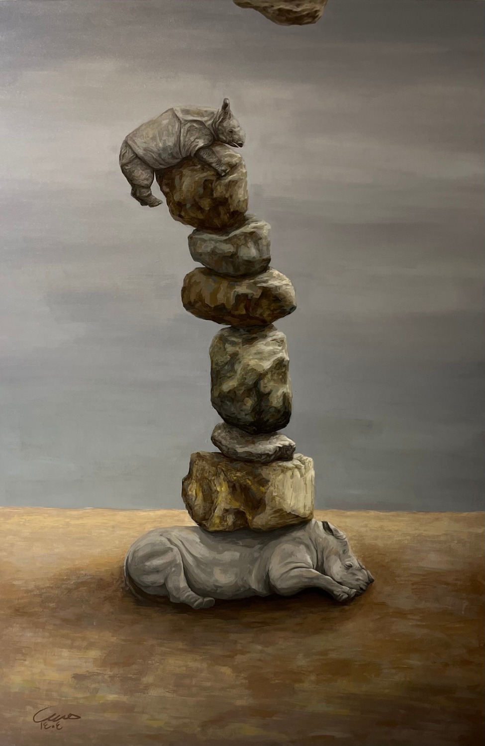 Endurance — acrylic painting of baby rhinos balanced on a stack of stones atop a sleeping rhino