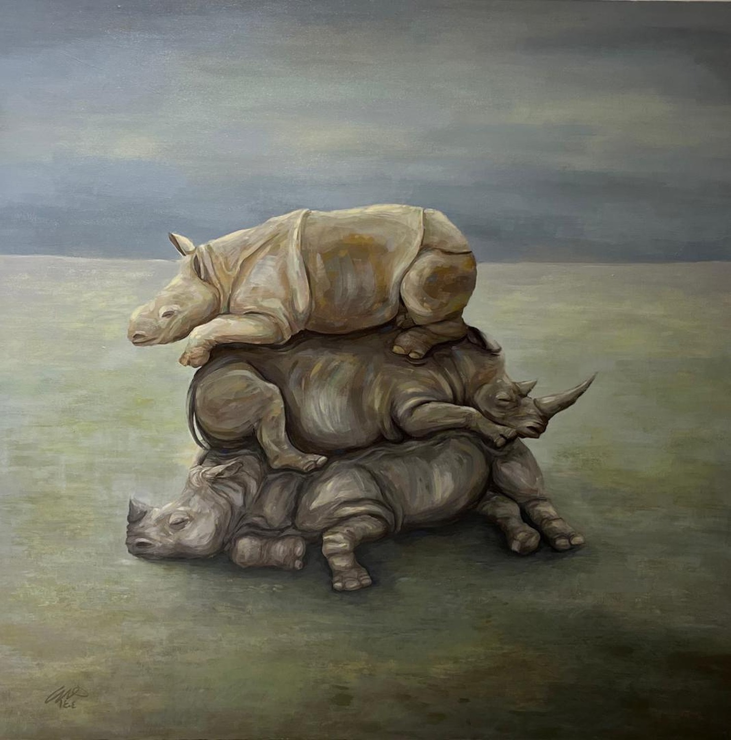 Burden — acrylic painting of three rhinos stacked and sleeping in a green field