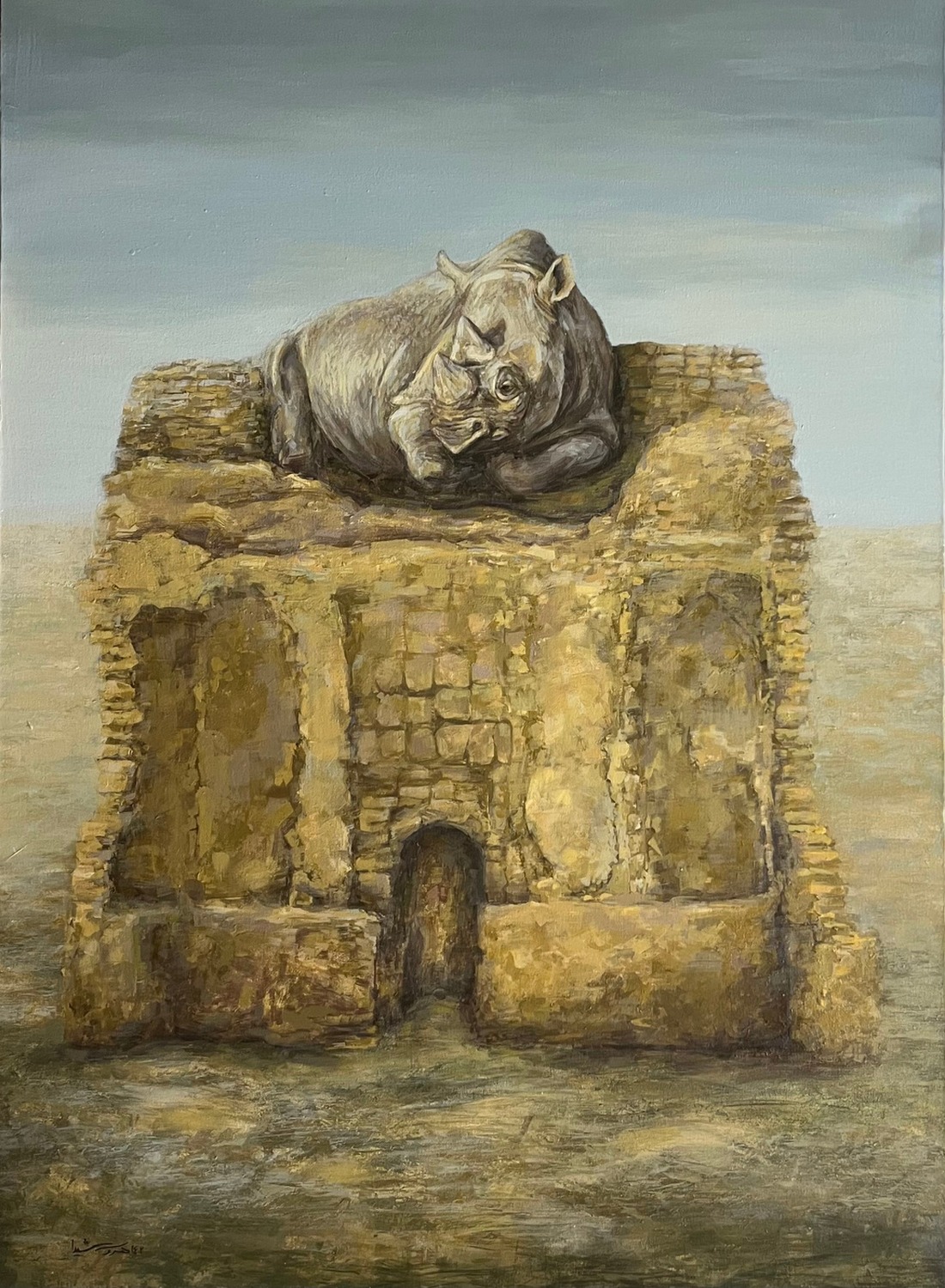 Stronghold — acrylic painting of a rhino resting atop a ruined stone structure