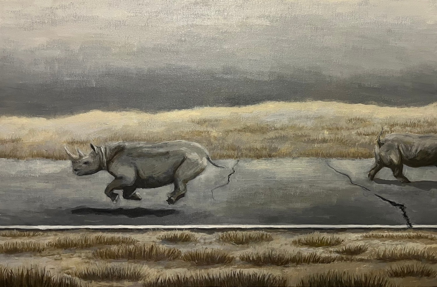 Scape — acrylic painting of two rhinos running along a cracked grey road