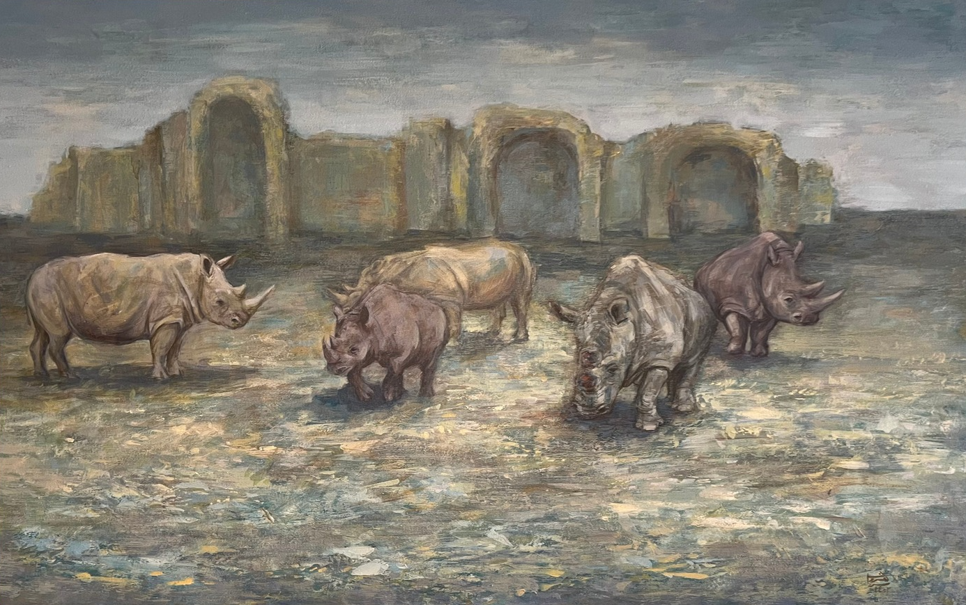 Untitled — acrylic painting of a rhino within golden ruined walls
