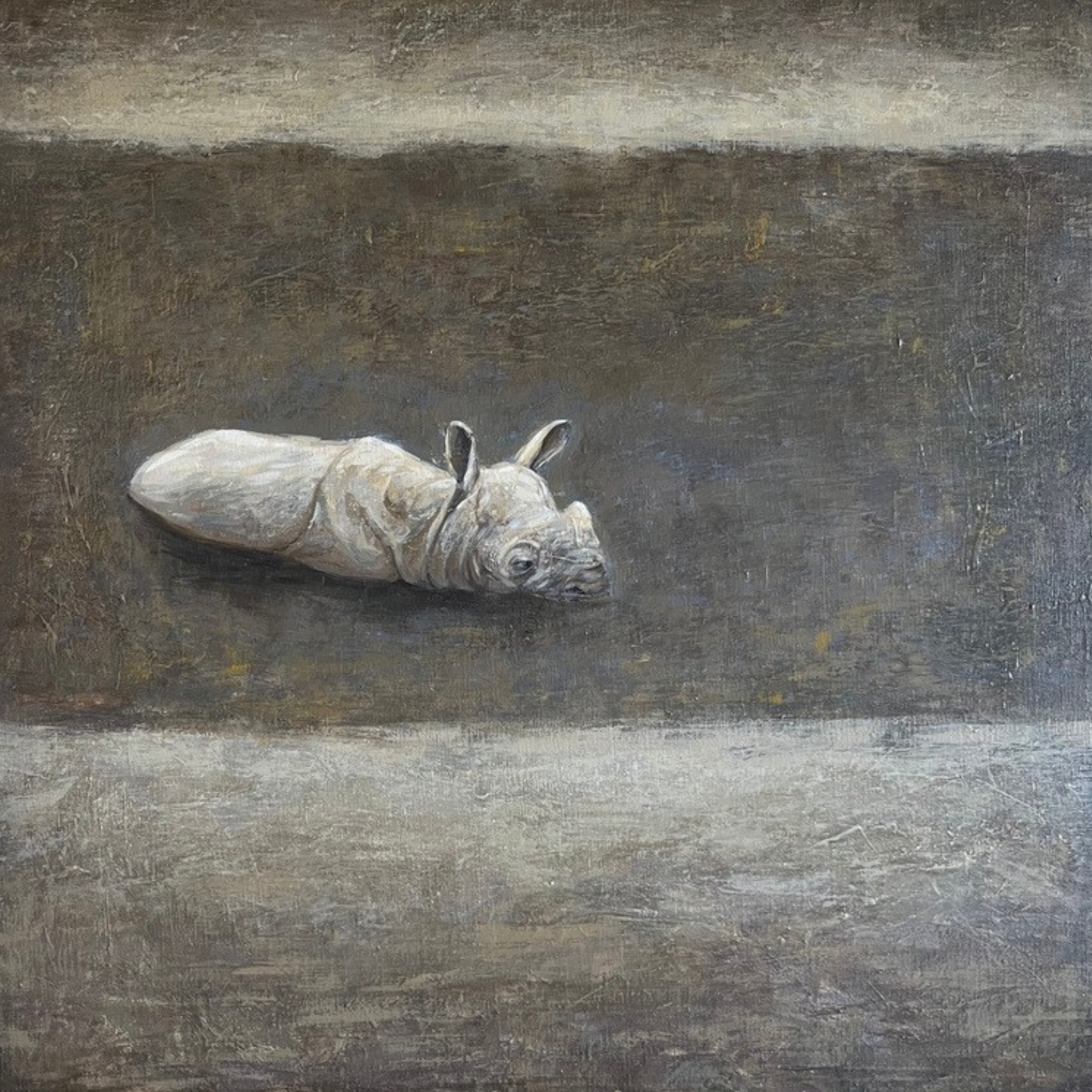 Isolation — acrylic painting of a pale rhino calf lying in a dark band of ground