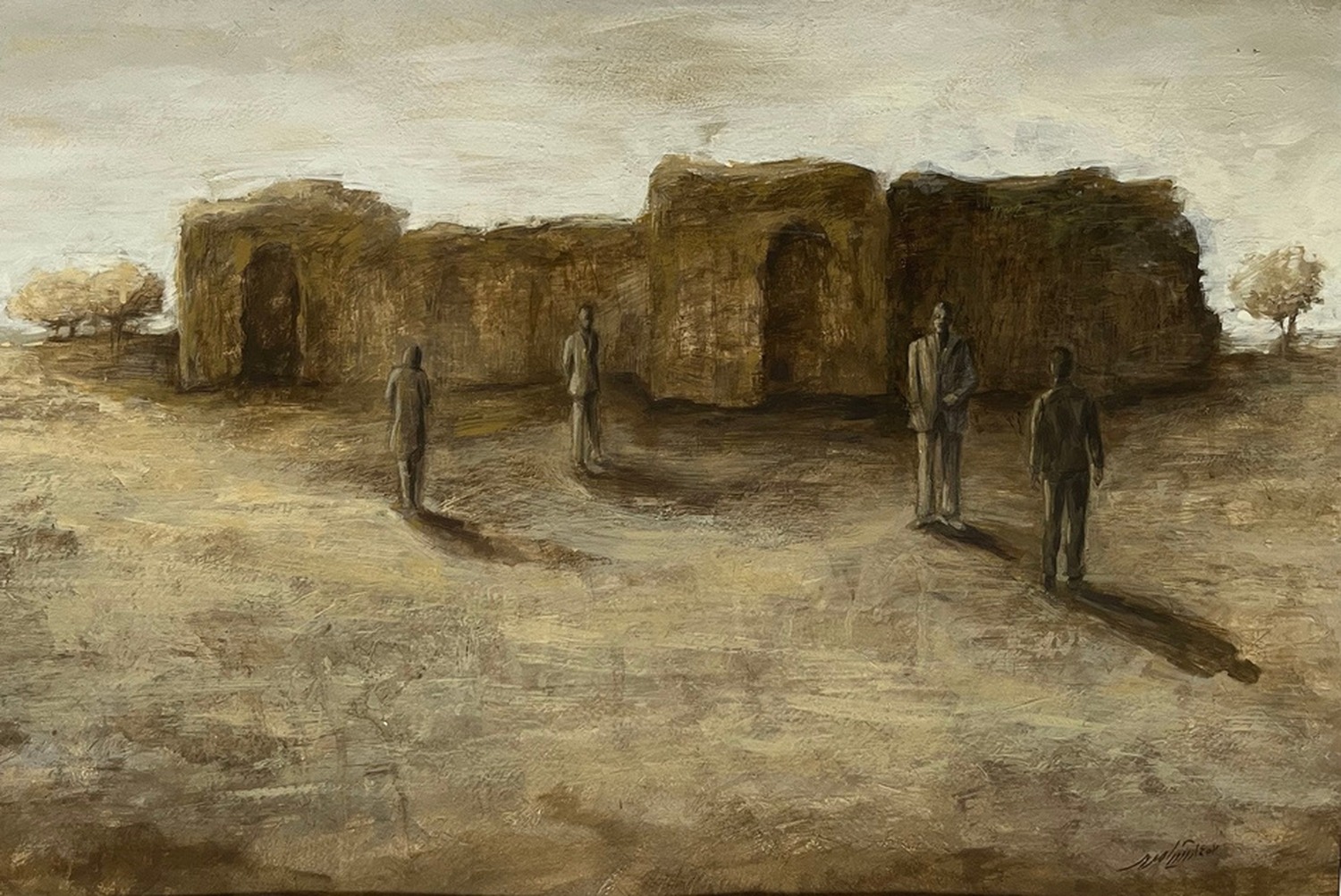 Untitled — four figures stand before ancient mud-brick ruins in a barren landscape