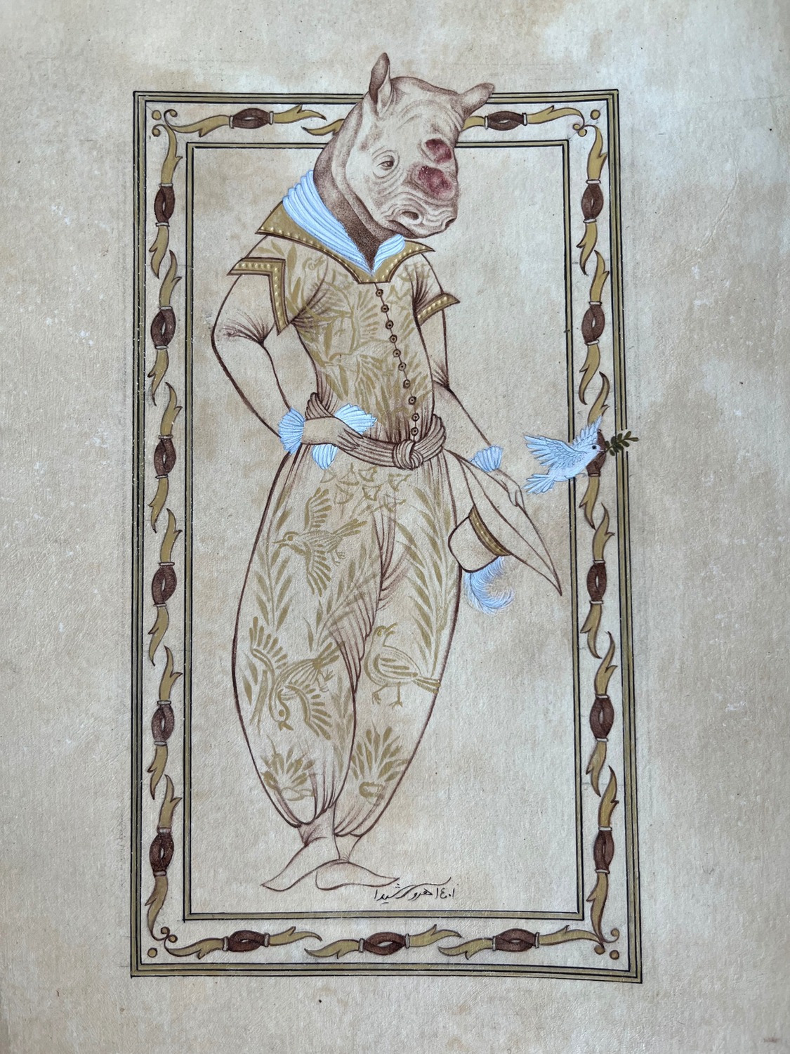 Untitled — Persian miniature of a rhino-headed figure in robes receiving a dove with an olive branch