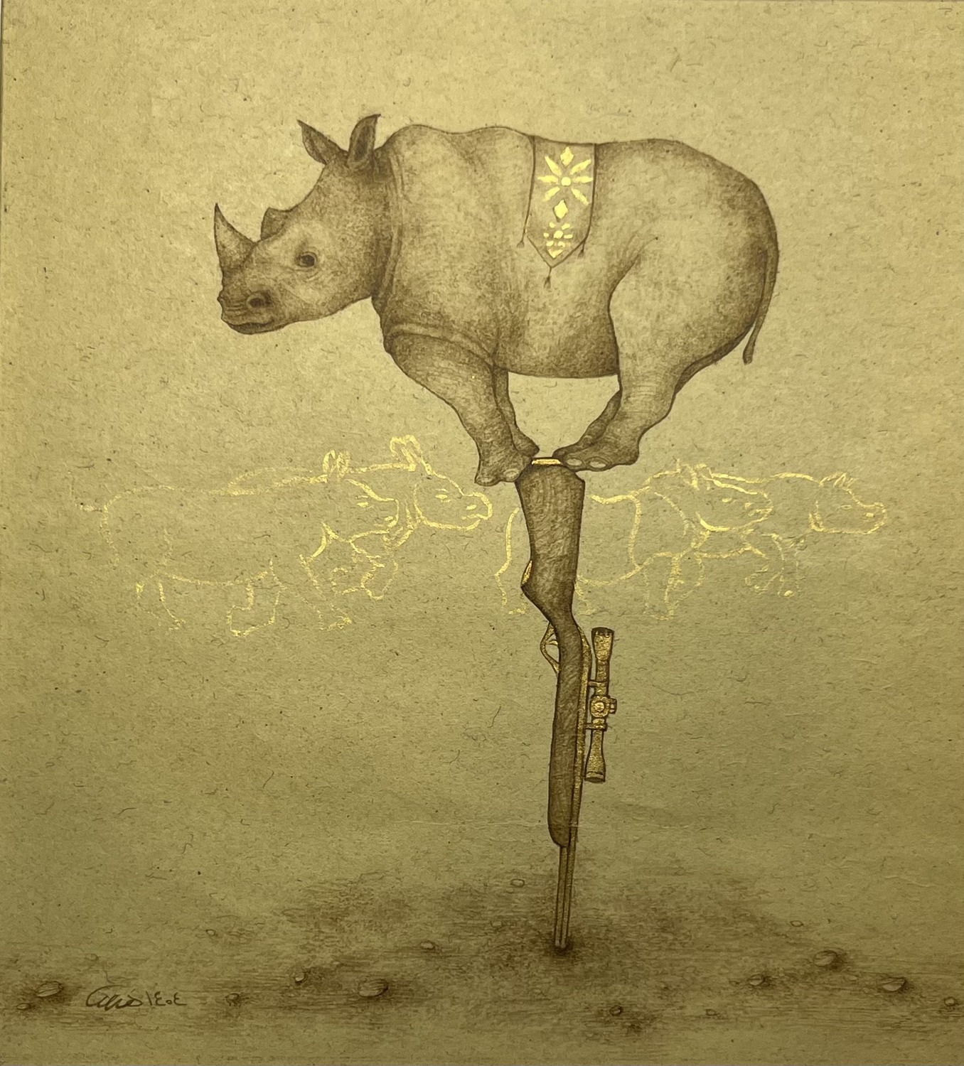 Untitled — Persian miniature of a rhino balanced on a rifle, with gold rhino outlines