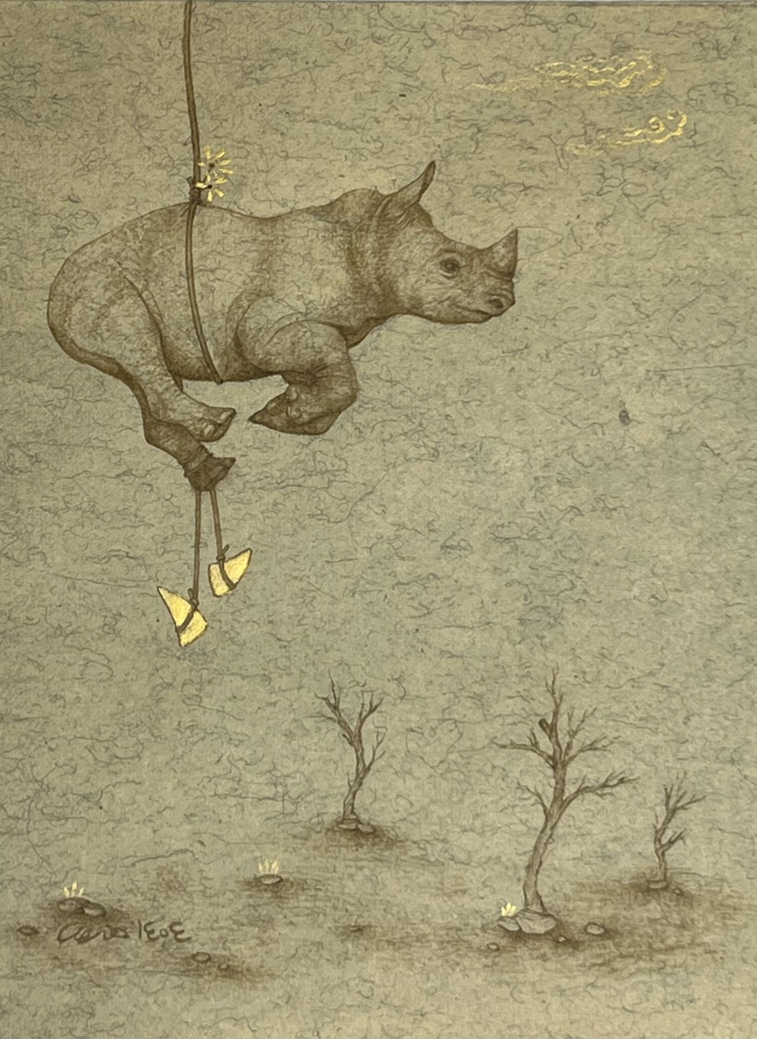 Untitled — Persian miniature of a rhino hanging from a rope over a barren landscape
