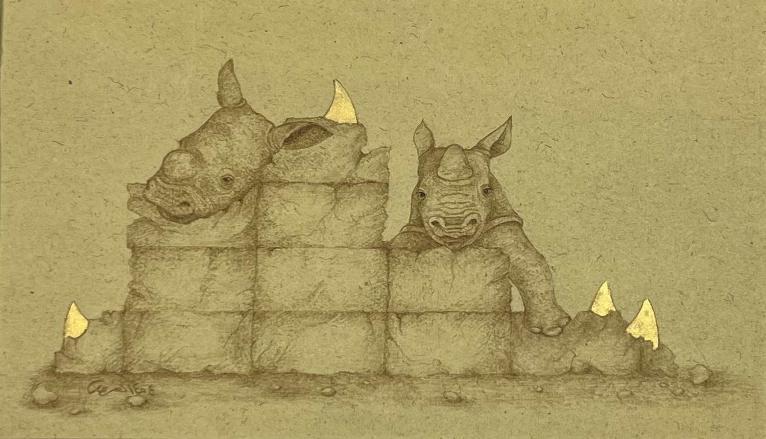 Untitled — Persian miniature of two rhinos behind a brick wall with gold-tipped horns