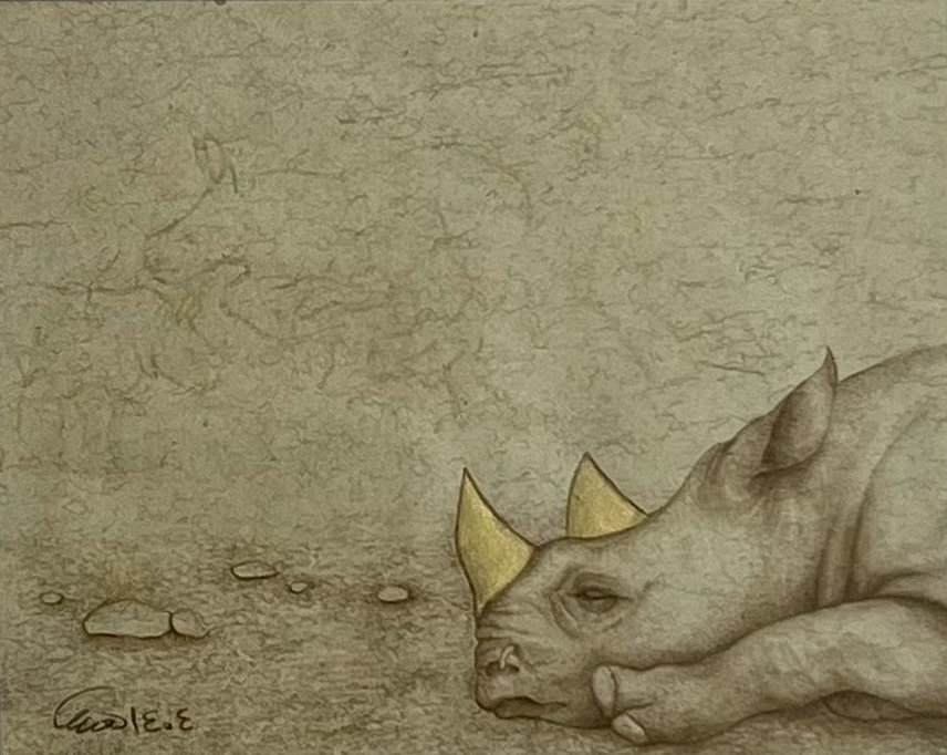 Untitled — Persian miniature of a rhino lying down with gold-tipped horns