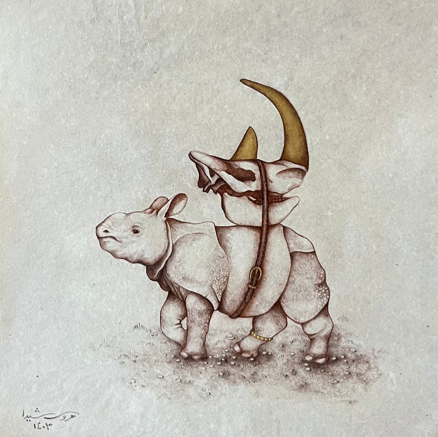 Witness — Persian miniature of a crescent-horned figure leading a small rhino on a leash