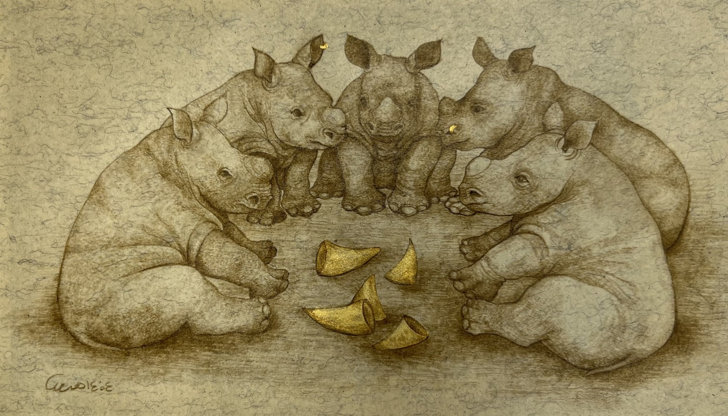 Untitled — Persian miniature of young rhinos gathered around fragments of gold horn