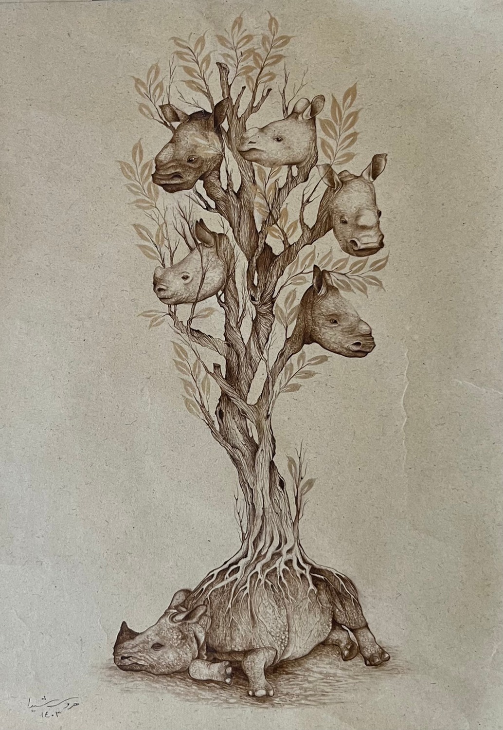 Waq-Waq Tree — Persian miniature of a rhinoceros from which a tree of rhino heads grows